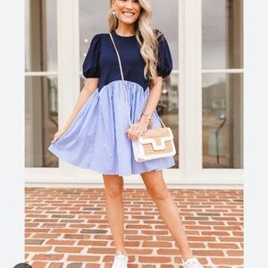 Navy and Blue Striped Dress with Puff Sleeves by